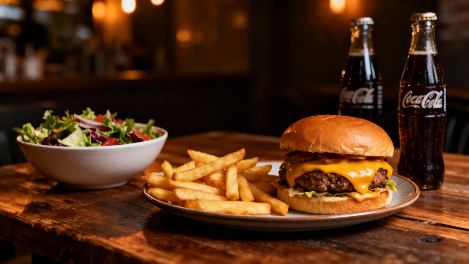 Table de restaurant avec burger artisanal et accompagnements